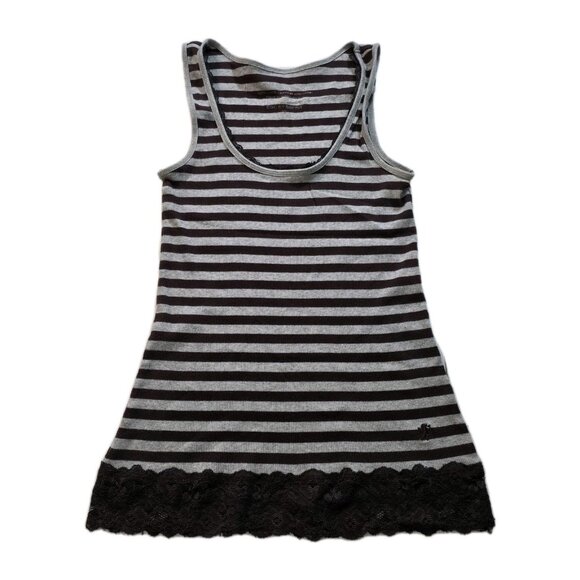 EDC by Esprit Top Women XL Gray Brown Sleeveless Lace Trim Stripe V Neck Y2K VTG - Picture 1 of 13